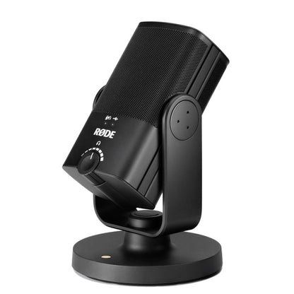 Røde NT-USB Mini USB-mikrofon sort på rund fod, opadvendt med synlig volumenkontrol og hovedtelefonstik foran.
