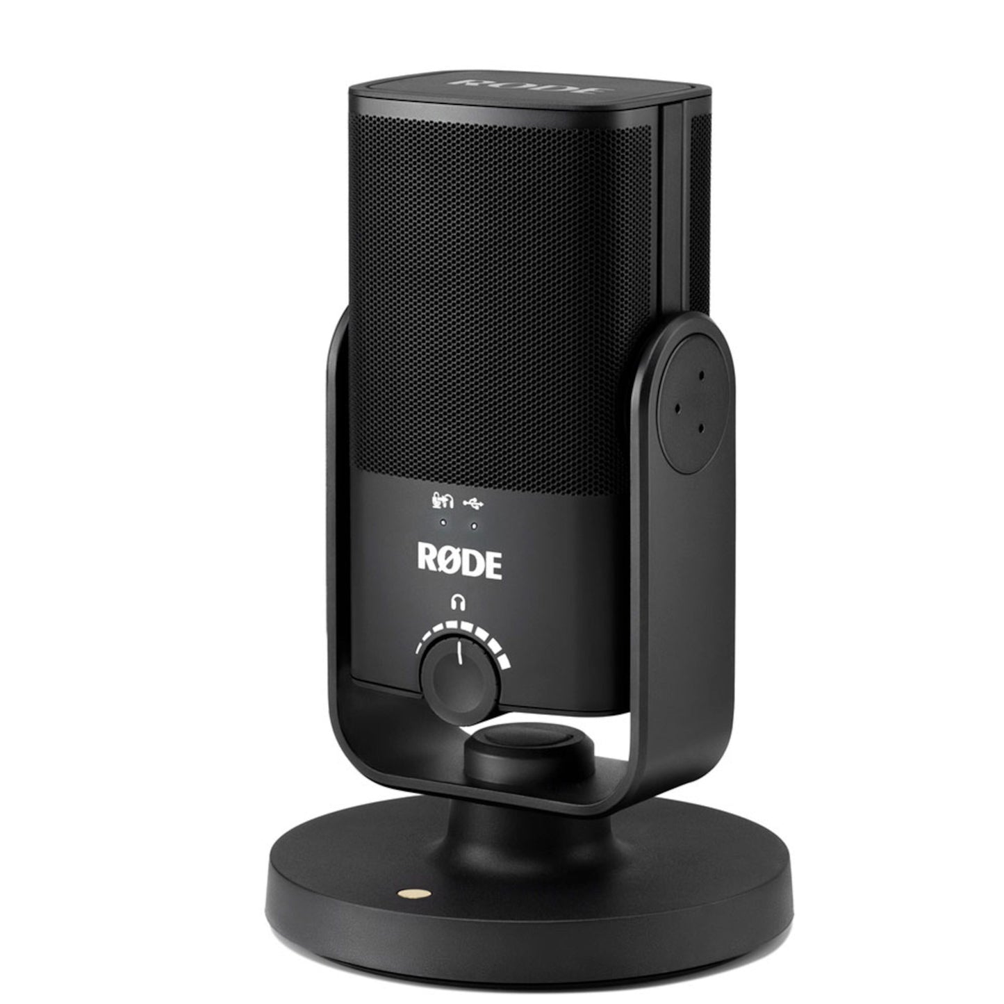 Røde NT-USB Mini sort USB-mikrofon, cylinderformet bordmodel med rund base, logo, kontrolknap, hovedtelefonstik og ikoner foran.