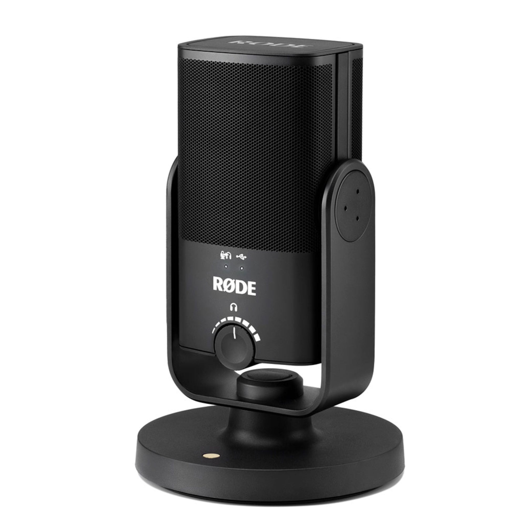 Røde NT-USB Mini sort USB-mikrofon, cylinderformet bordmodel med rund base, logo, kontrolknap, hovedtelefonstik og ikoner foran.
