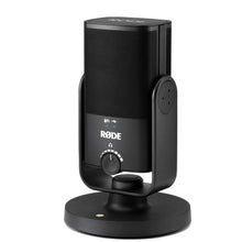 Røde NT-USB Mini sort USB-mikrofon, cylinderformet bordmodel med rund base, logo, kontrolknap, hovedtelefonstik og ikoner foran.