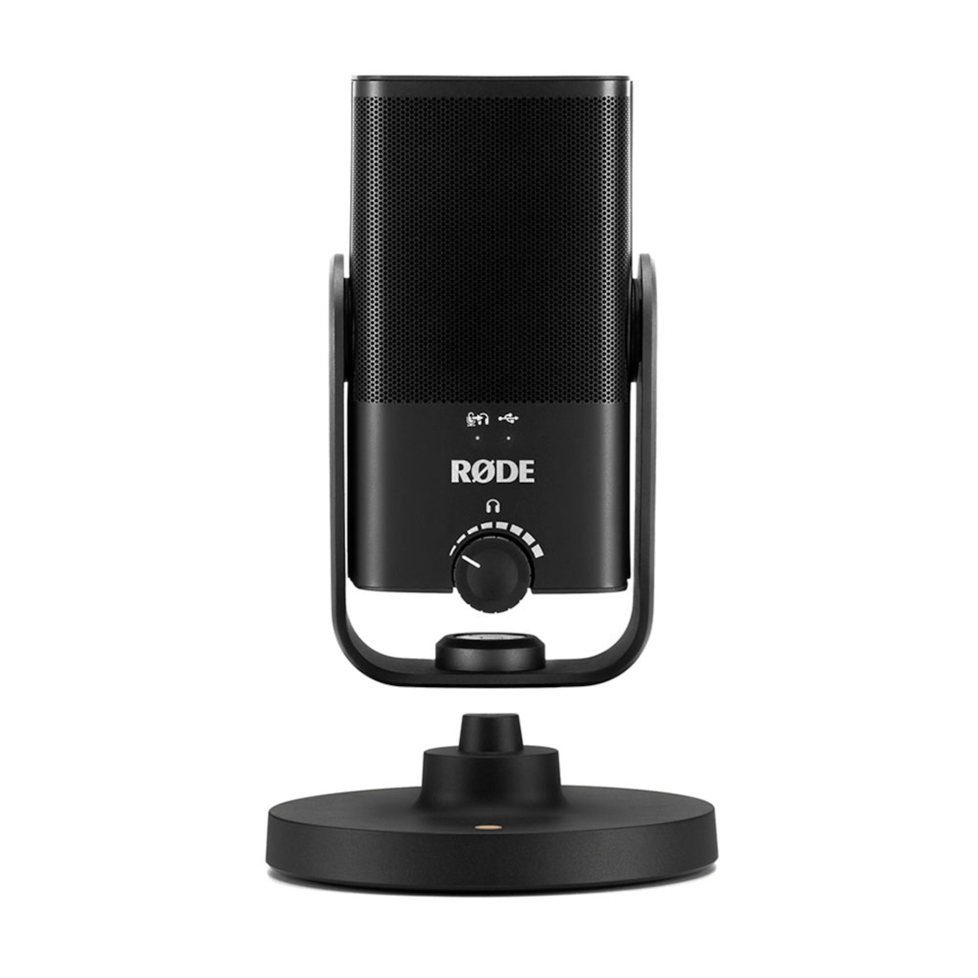 Røde NT-USB Mini USB-mikrofon sort, mesh front, rund fod, vendt fremad, USB tilslutning.