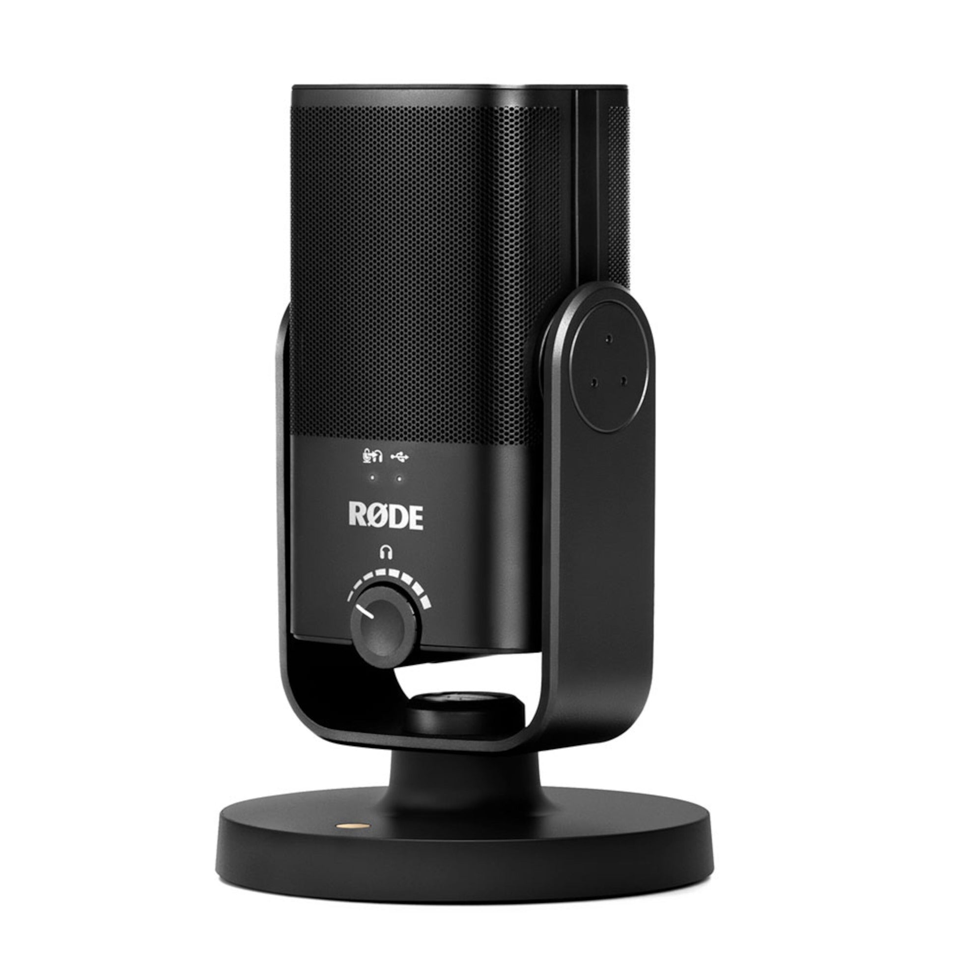 Røde NT-USB Mini USB-mikrofon sort, cylinderformet gitter, rund fod med sidelister, frontbetjent drejeknap.