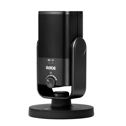 Røde NT-USB Mini USB-mikrofon sort, cylinderformet gitter, rund fod med sidelister, frontbetjent drejeknap.