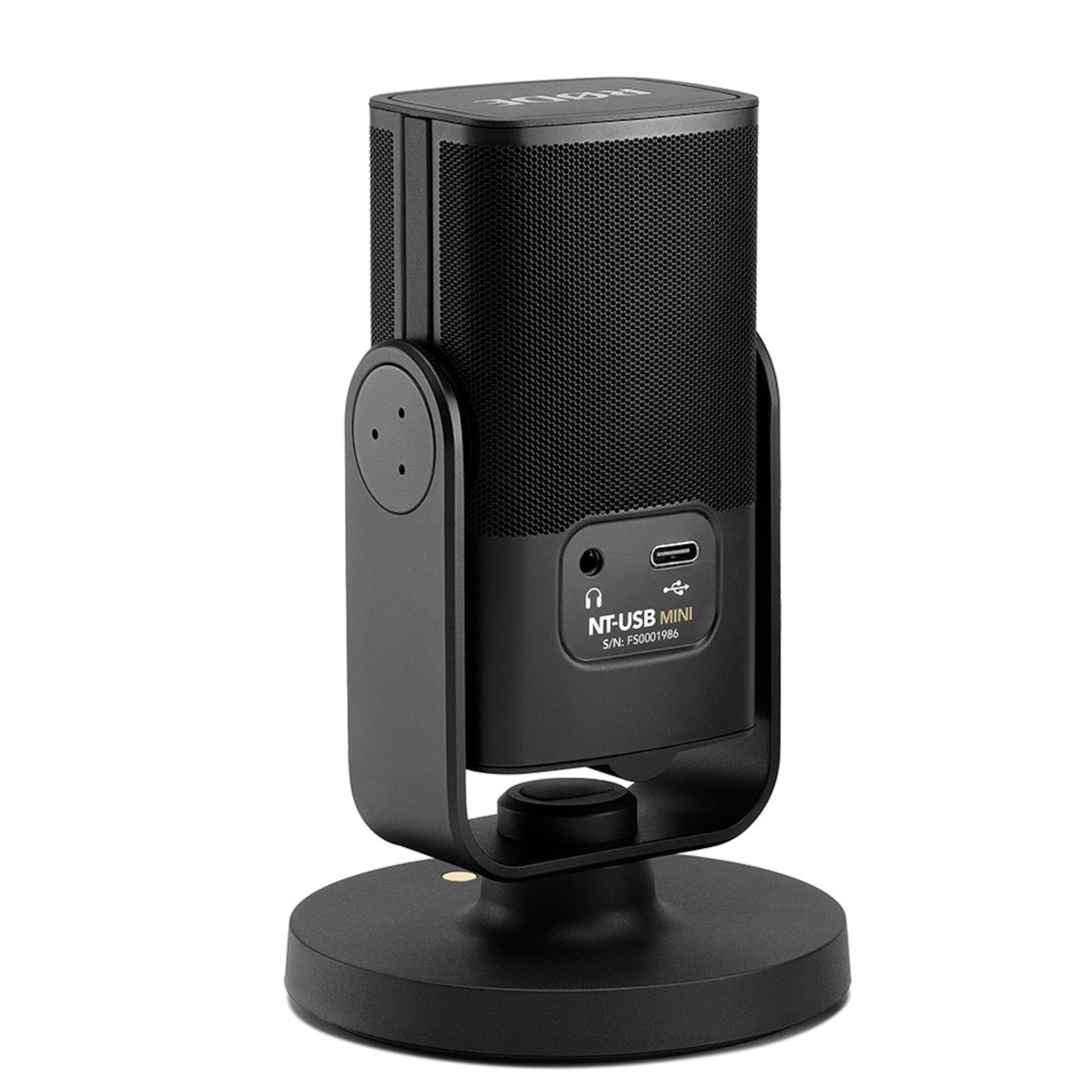 Røde NT-USB Mini USB-mikrofon sort, cylinderformet med rund fod, bagudvendte porte og modelmærkat.