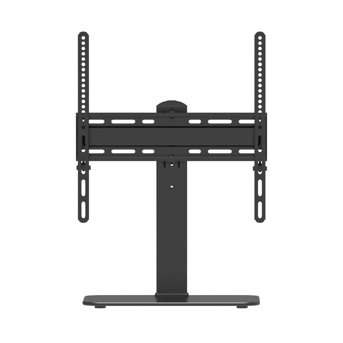 Sort fritstående TV bordstativ til 32-55" fladskærme, rektangulær fod, centerstolpe og justerbare VESA-beslag.