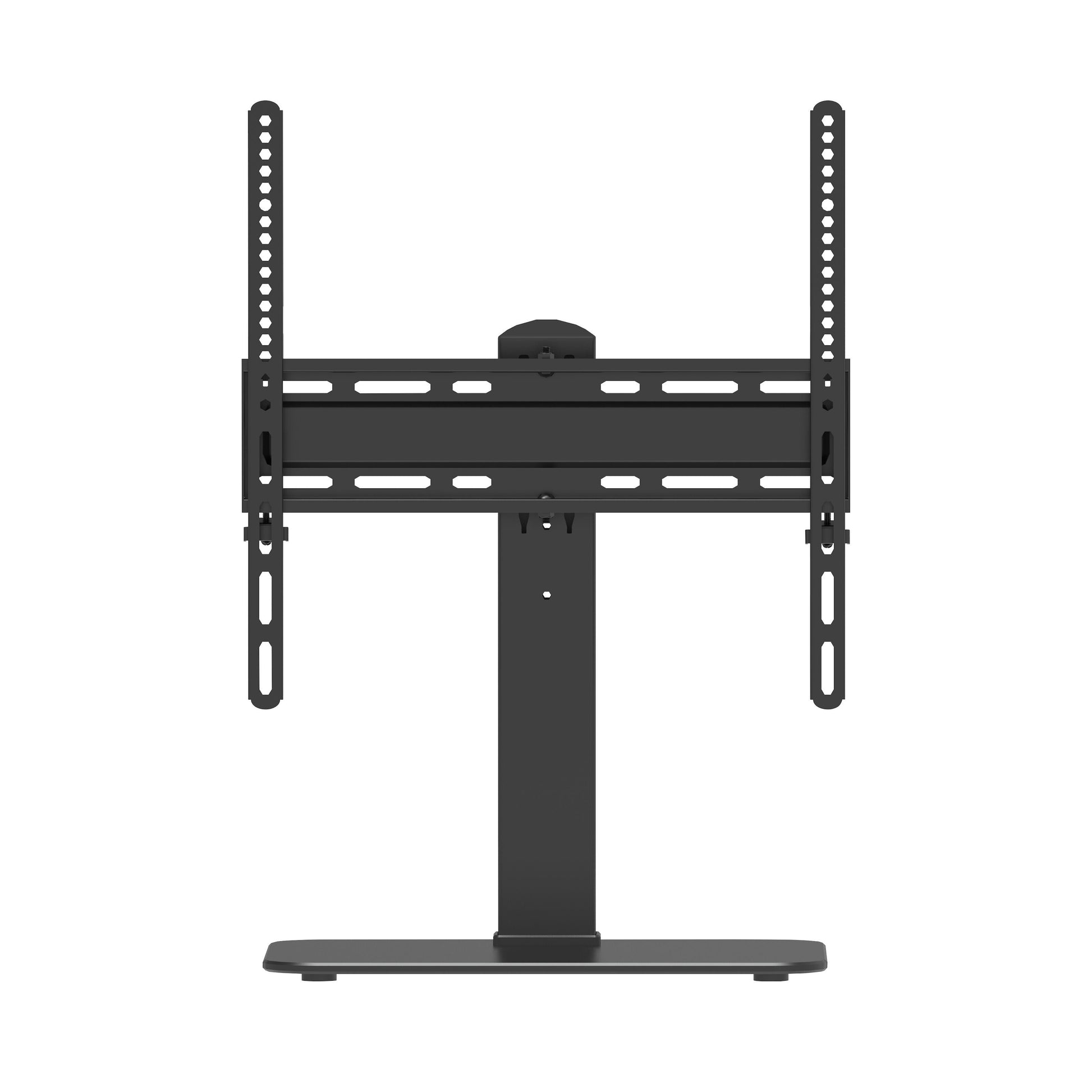 Sort fritstående TV bordstativ til 32-55" fladskærme, rektangulær fod, centerstolpe og justerbare VESA-beslag.