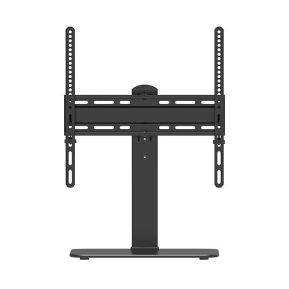 Sort fritstående TV bordstativ til 32-55" fladskærme, rektangulær fod, centerstolpe og justerbare VESA-beslag.