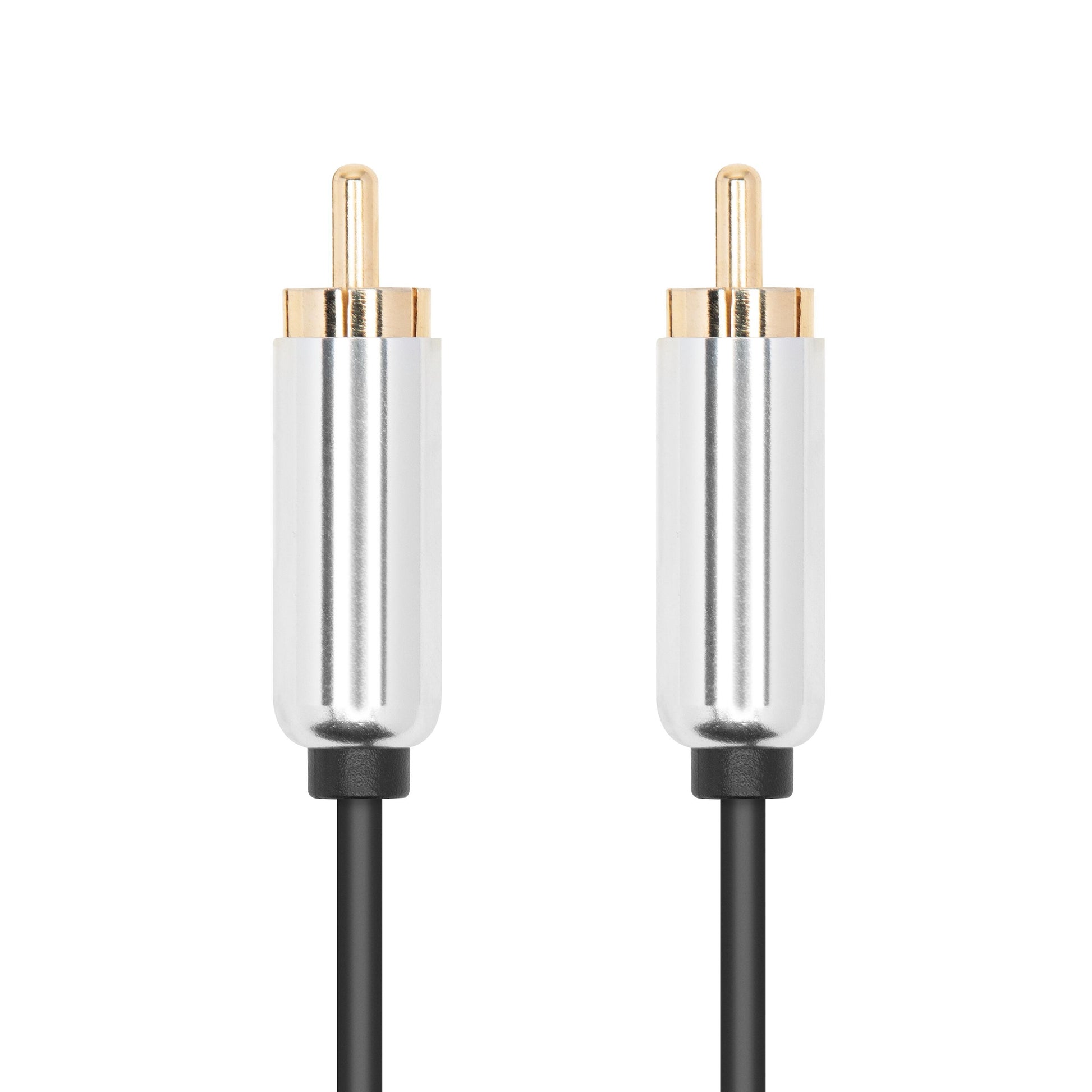 Luxorparts Subwoofer-kabel 3 m med to RCA-han stik, guldbelagte kontakter, sølvfarvede metalhuse og sort kabel.