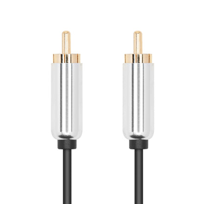 Luxorparts Subwoofer-kabel 3 m med to RCA-han stik, guldbelagte kontakter, sølvfarvede metalhuse og sort kabel.