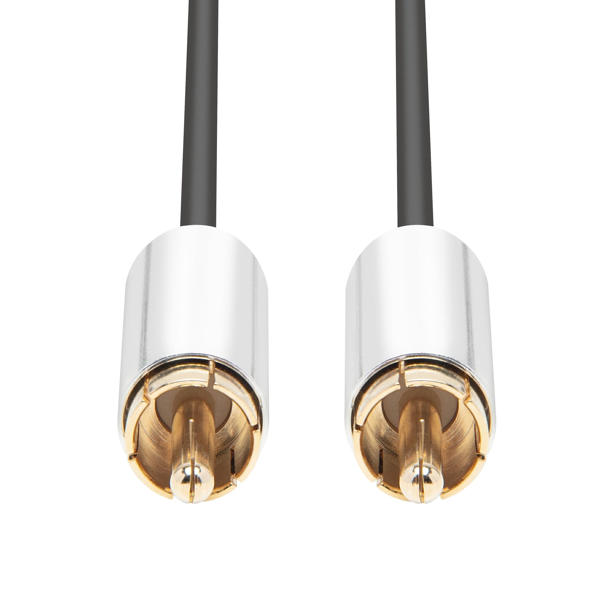Subwoofer-kabel 3 m, sort, til kabler med sølv- og forgyldte RCA-han stik vendt fremad.