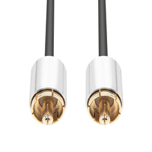 Subwoofer-kabel 3 m, sort, til kabler med sølv- og forgyldte RCA-han stik vendt fremad.