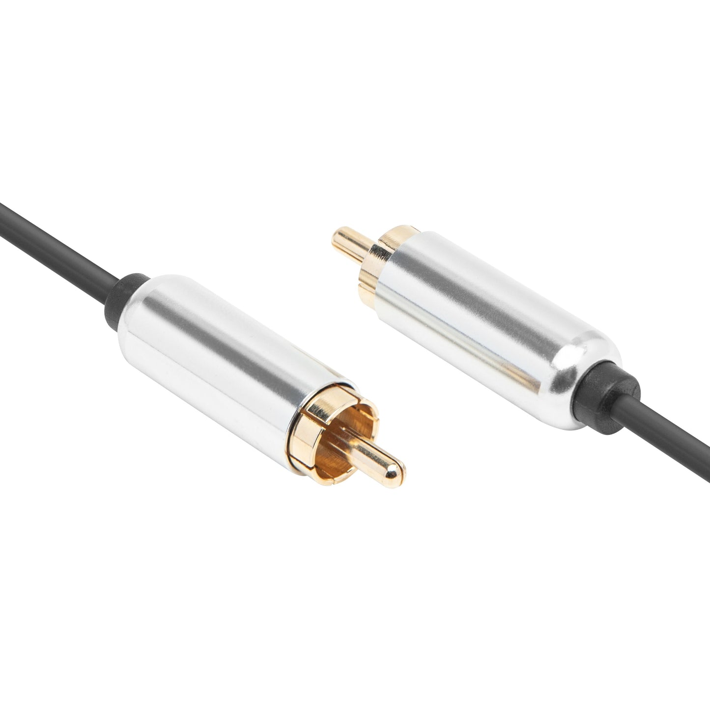 Luxorparts forgyldte RCA-han stik med sølvfarvede huse på 3 m subwooferkabel.