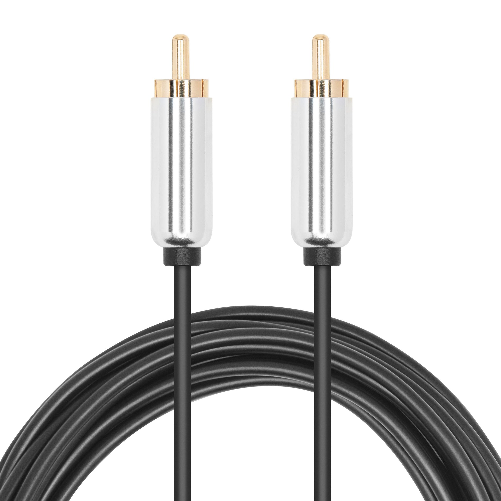 Luxorparts subwooferkabel 3 m, to forgyldte RCA-han stik, sort kabel, kabel let oprullet nederst.