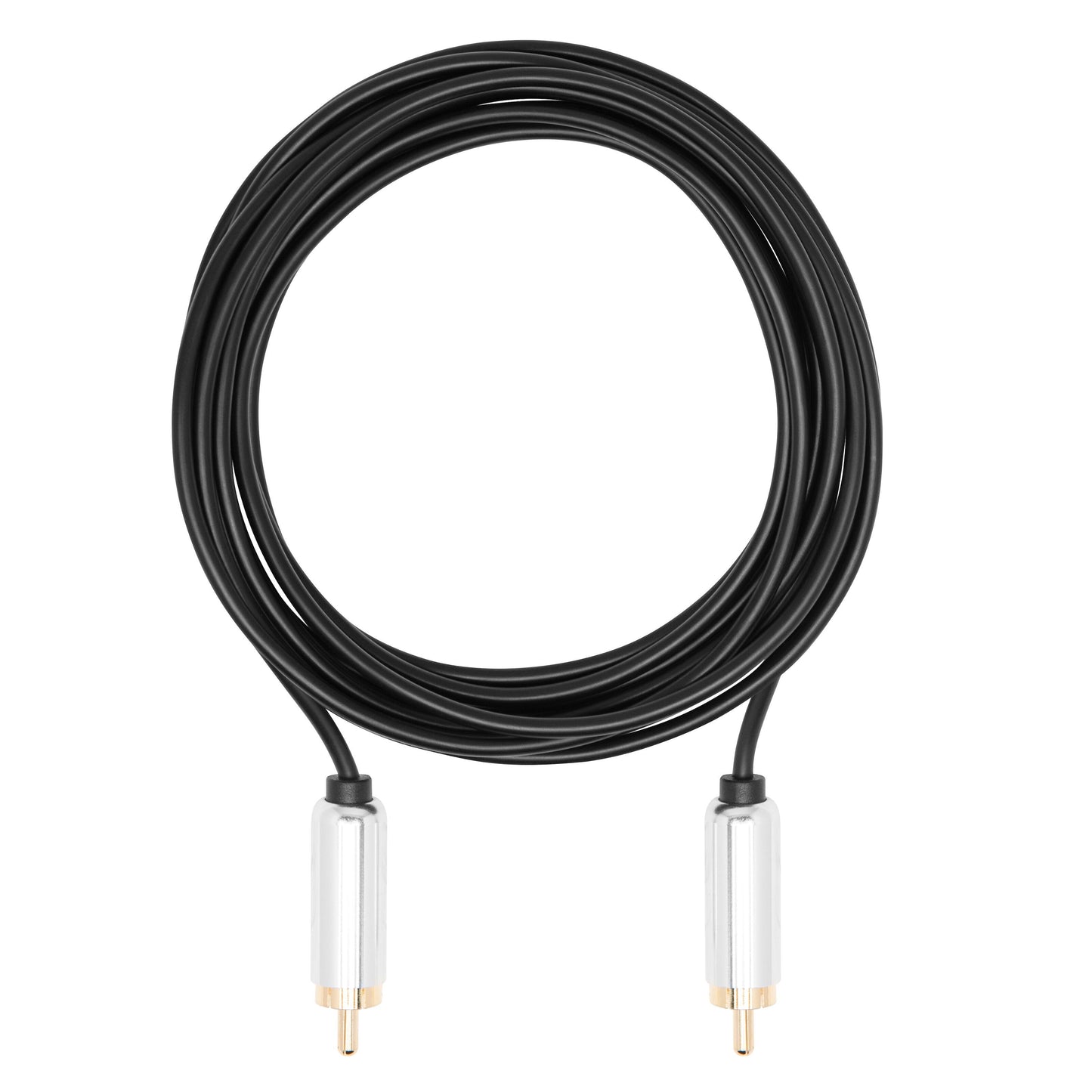 Subwoofer-kabel 3 m sort spiral, til sølvfarvede RCA-hanstik med guldbelagte stik i begge ender.