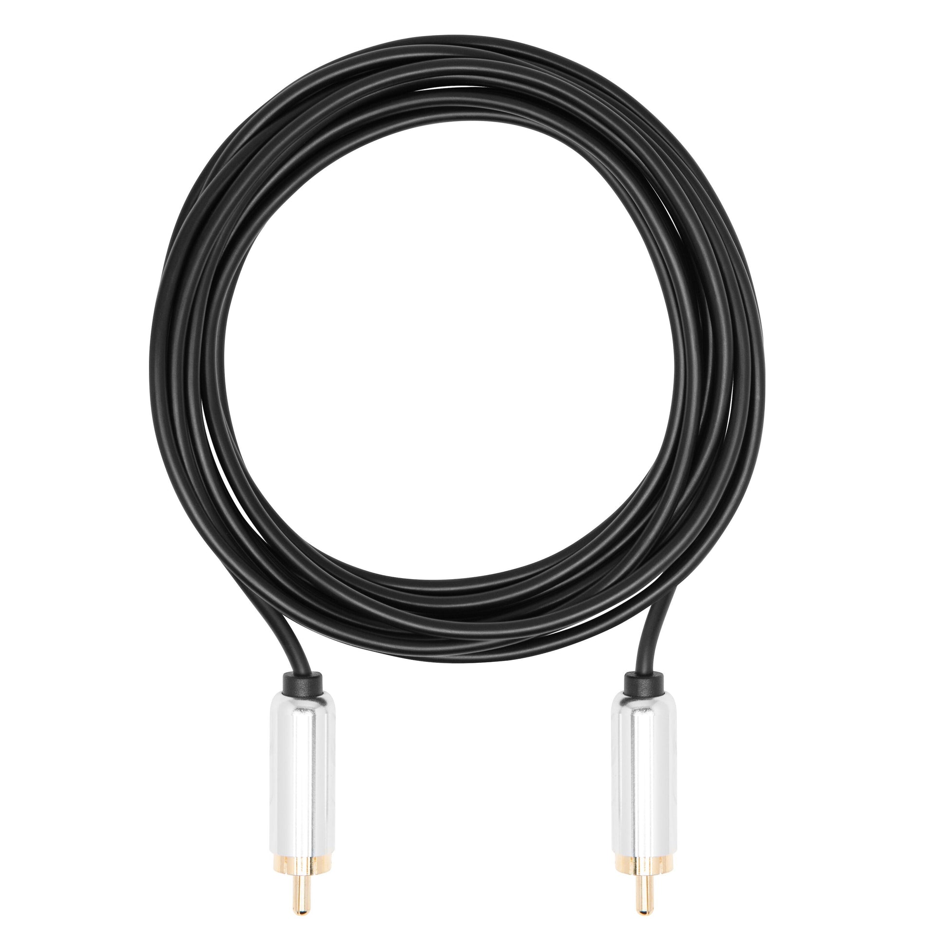 Subwoofer-kabel 3 m sort spiral, til sølvfarvede RCA-hanstik med guldbelagte stik i begge ender.