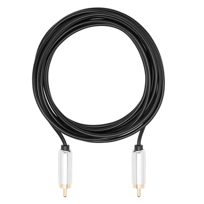 Subwoofer-kabel 3 m sort spiral, til sølvfarvede RCA-hanstik med guldbelagte stik i begge ender.