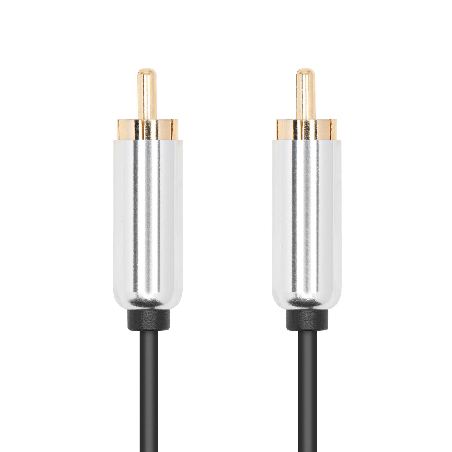 Luxorparts subwooferkabel 5 m, sort, med to RCA-hanstik i sølv og guld.
