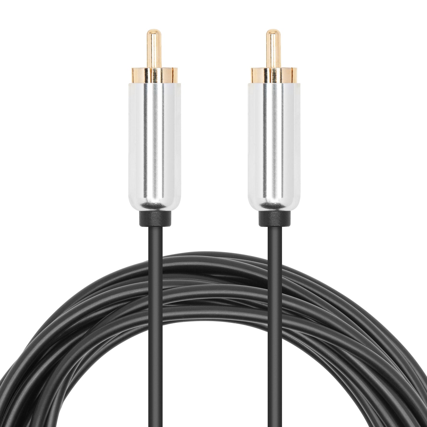 Luxorparts subwooferkabel 5 m, sort, to guldbelagte RCA-stik med sølvfarvede metalhuse.