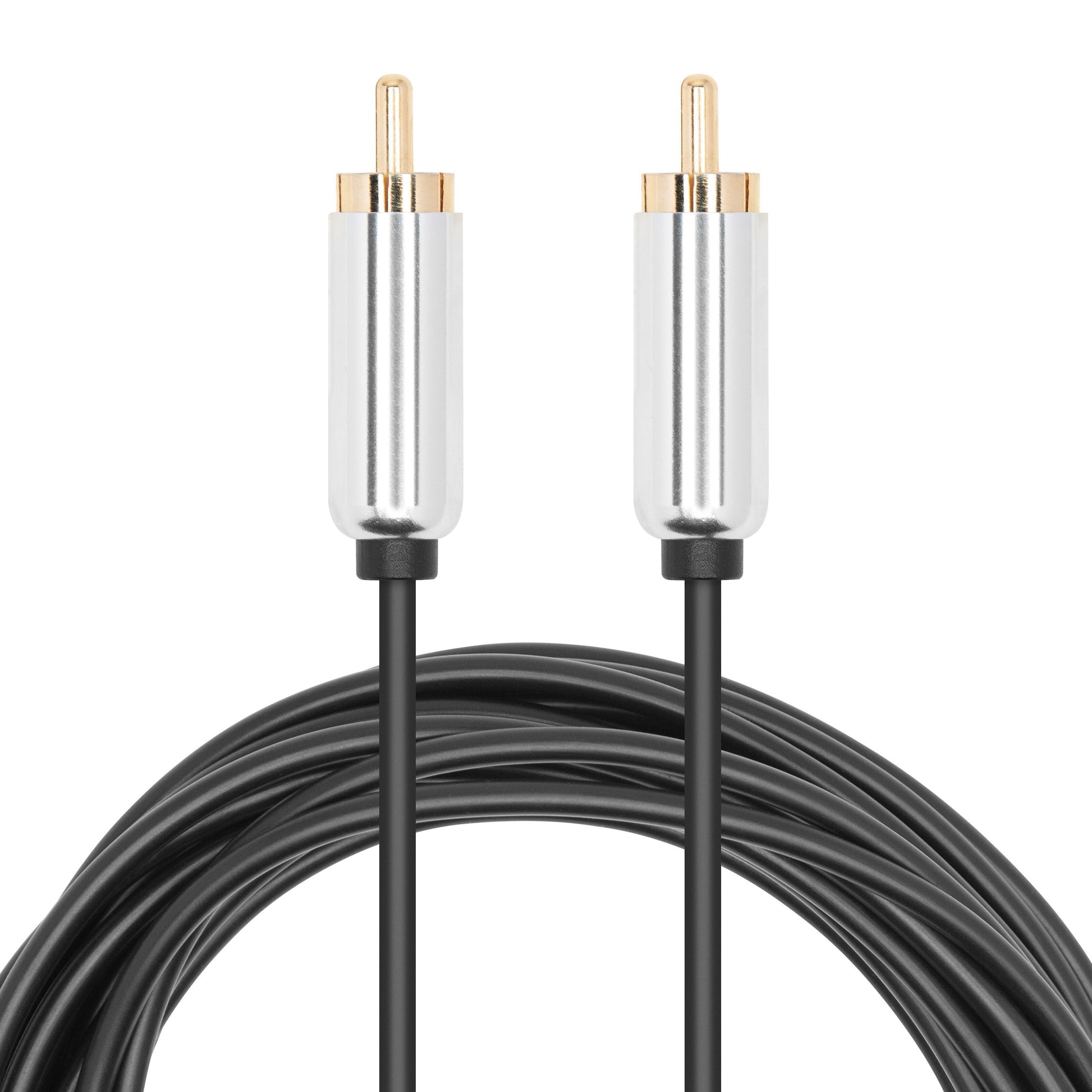 Luxorparts subwooferkabel 5 m, sort, to guldbelagte RCA-stik med sølvfarvede metalhuse.