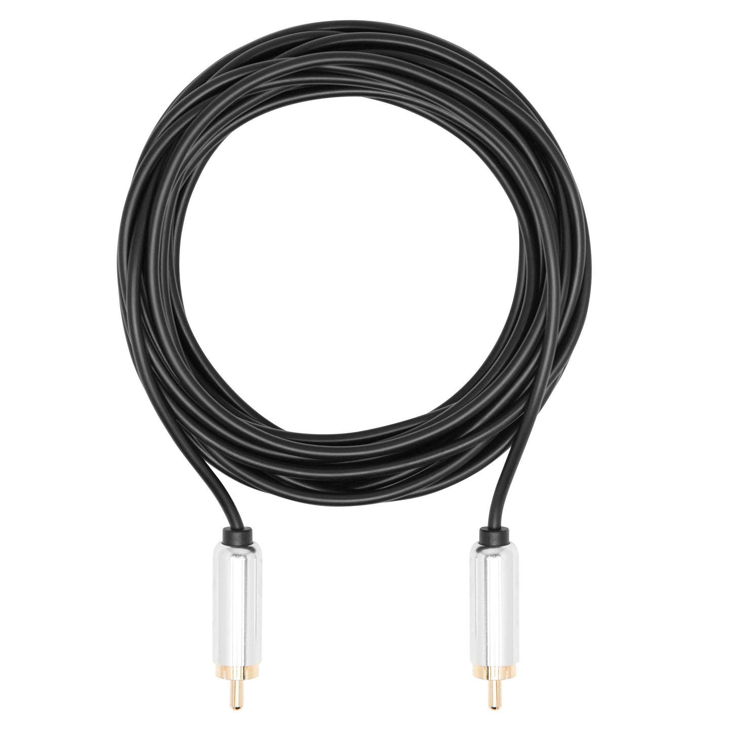 Luxorparts subwoofer-kabel 5 m, sort RCA med guldbelagt stik, kabellet er oprullet.