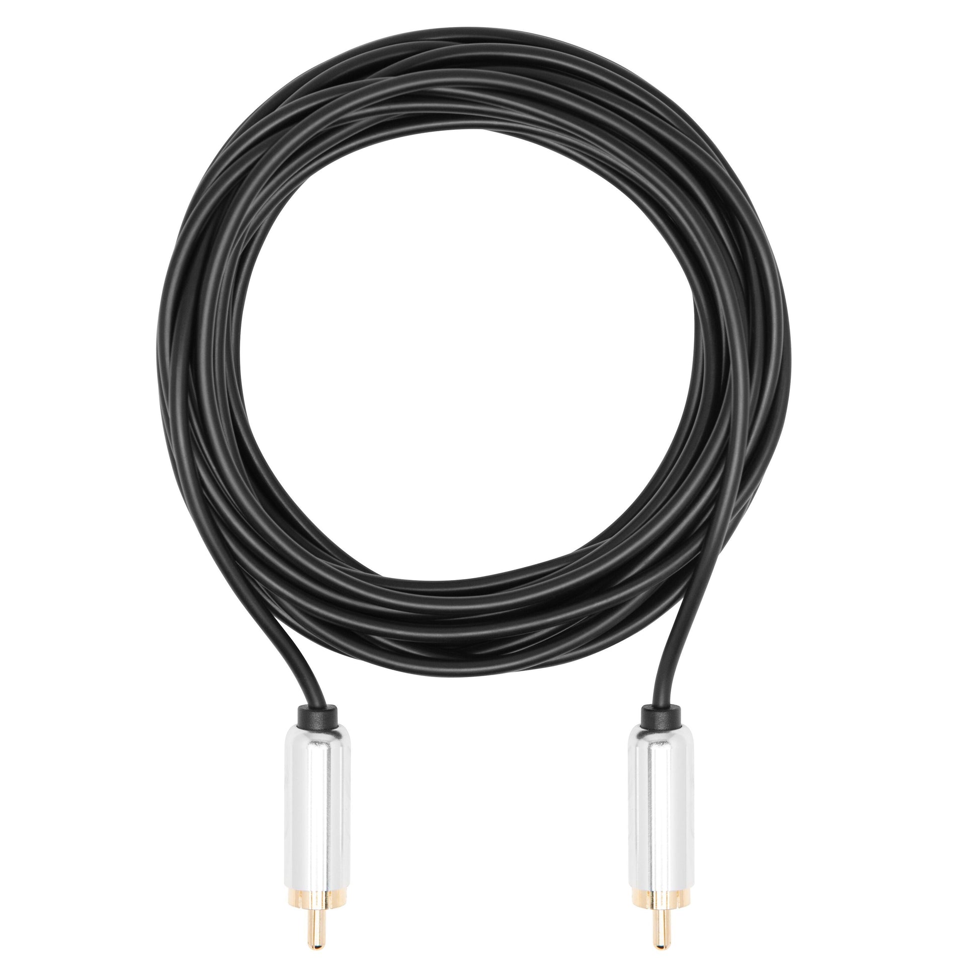 Luxorparts subwoofer-kabel 5 m, sort RCA med guldbelagt stik, kabellet er oprullet.