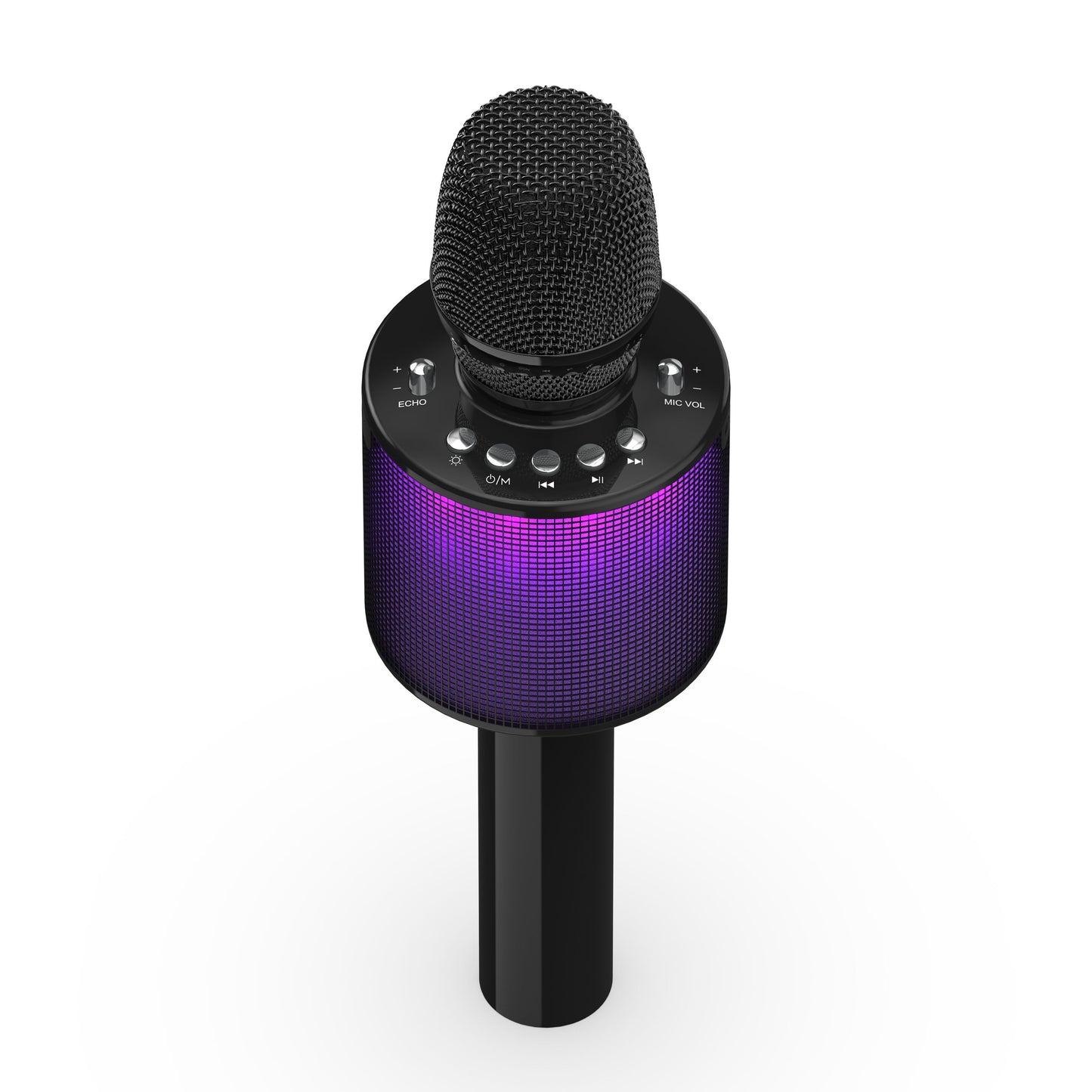 Rubicson karaoke mikrofon med højttaler, sort, topkontrolknapper, lilla LED cylinderhøjttaler, Bluetooth 5.0.