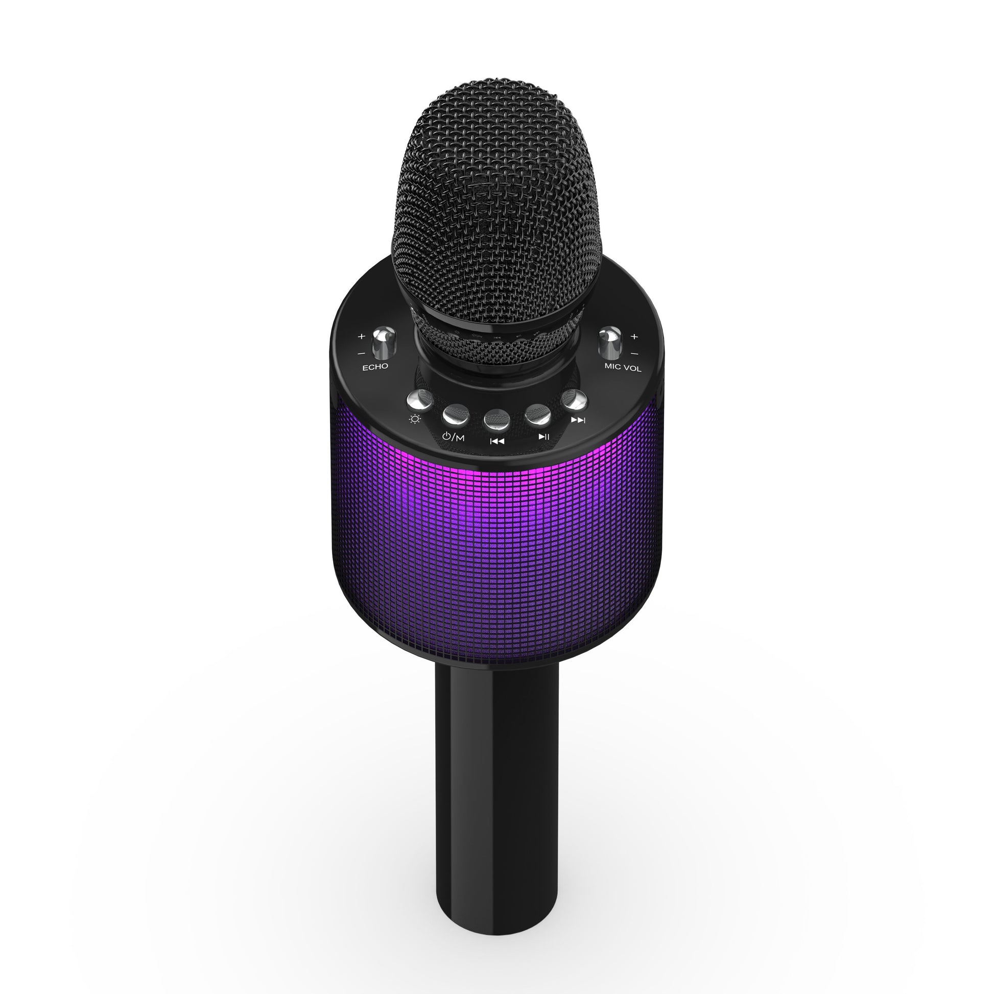 Rubicson karaoke mikrofon med højttaler, sort, topkontrolknapper, lilla LED cylinderhøjttaler, Bluetooth 5.0.