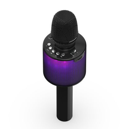 Rubicson karaoke mikrofon med indbygget sort Bluetooth 5.0 højttaler, kontrolknapper, lilla LED-lys.