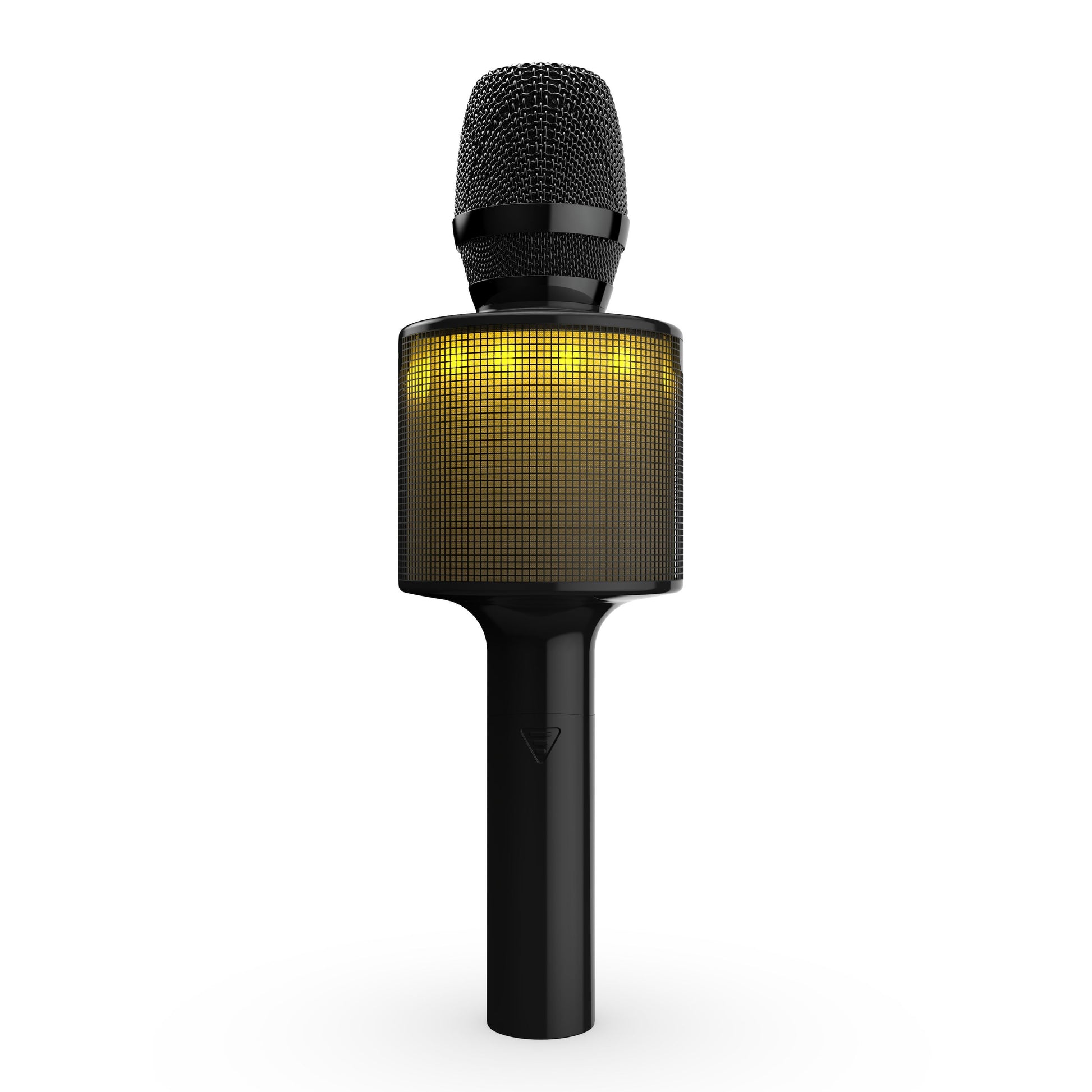 Rubicson Karaoke mikrofon med højttaler, sort håndholdt model med stor oplyst gul vindhætte og indbygget trådløs højttaler.
