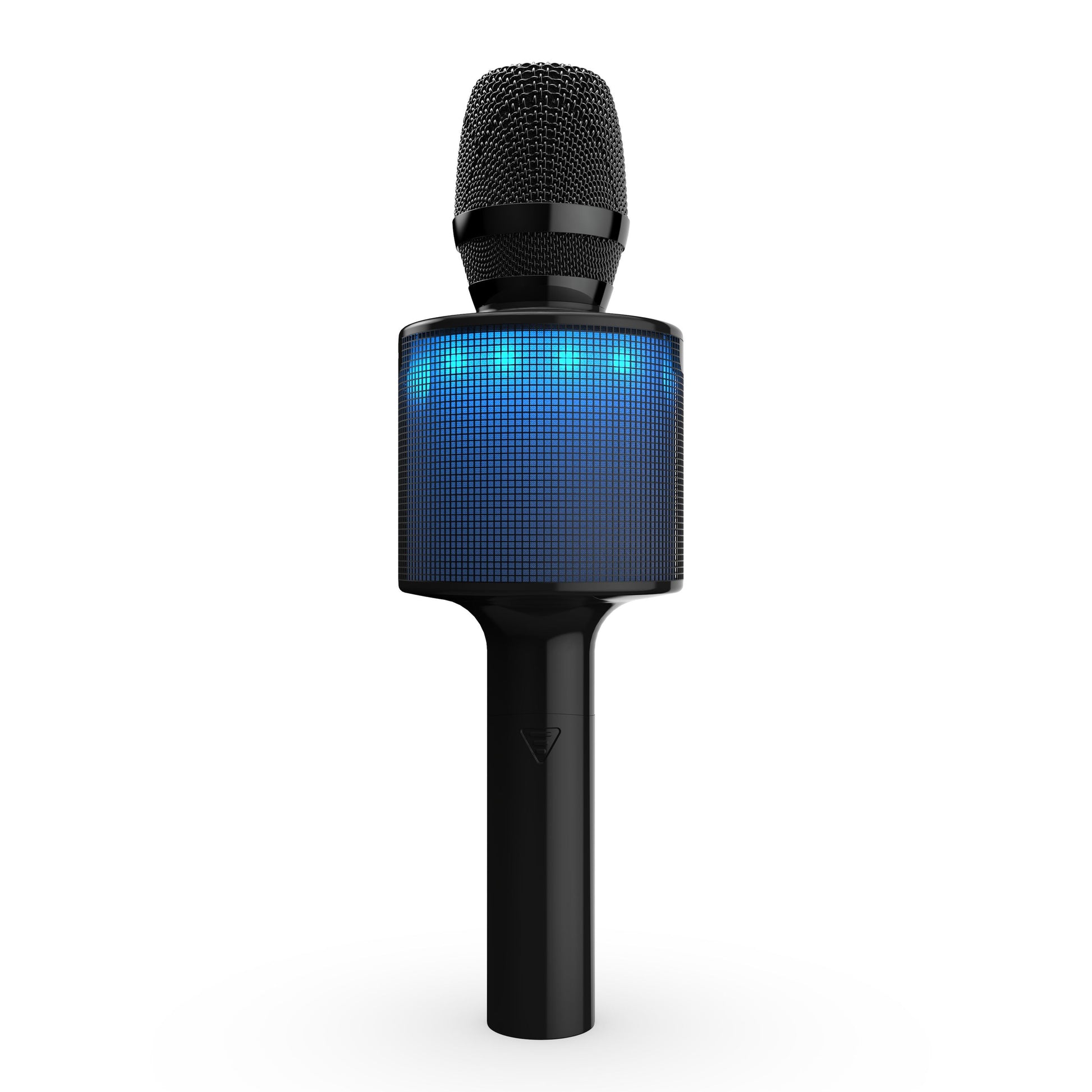 Rubicson sort Bluetooth 5.0 karaoke mikrofon med blå LED-display på håndtaget og lysbånd under mikrofonhovedet.