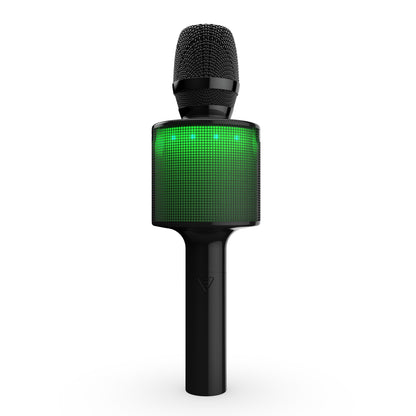 Rubicson karaoke mikrofon sort med indbygget trådløs højttaler, Bluetooth 5.0, grønne LED-lys og mesh-gitter, logo på håndtag.