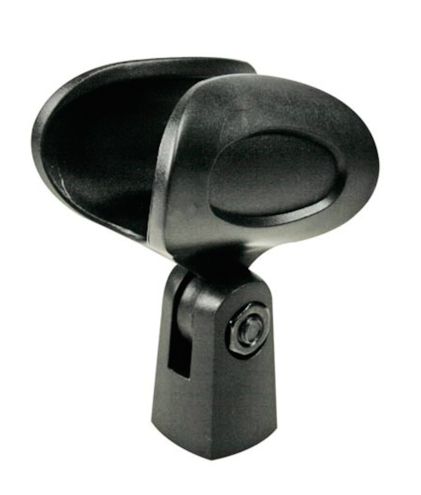 Mikrofonholder sort Ø30 mm med oval åbning og drejefod til 5/8"-gevind, passer til mikrofonstativ.