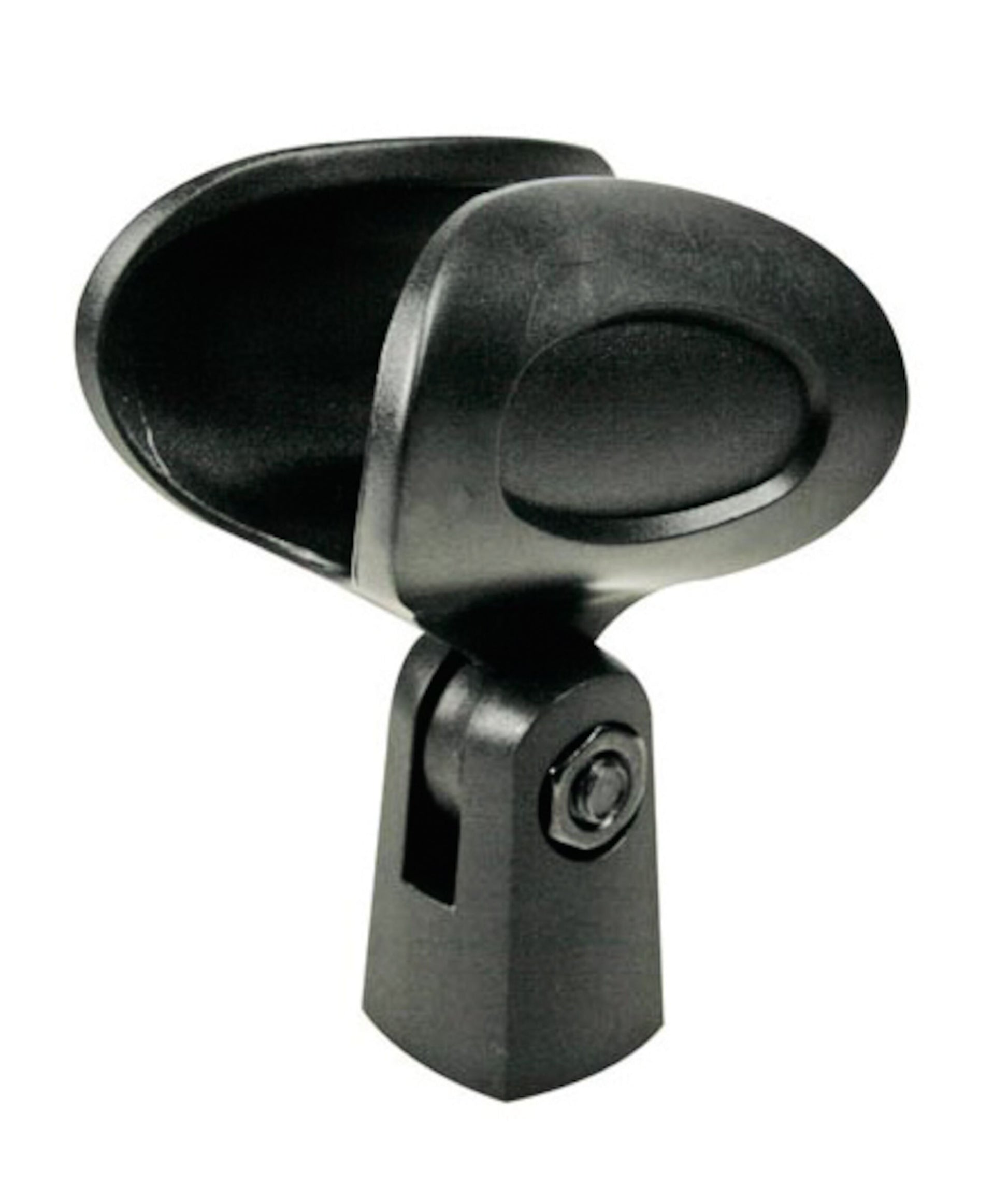Mikrofonholder sort Ø30 mm med oval åbning og drejefod til 5/8"-gevind, passer til mikrofonstativ.