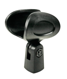 Mikrofonholder sort Ø30 mm med oval åbning og drejefod til 5/8"-gevind, passer til mikrofonstativ.