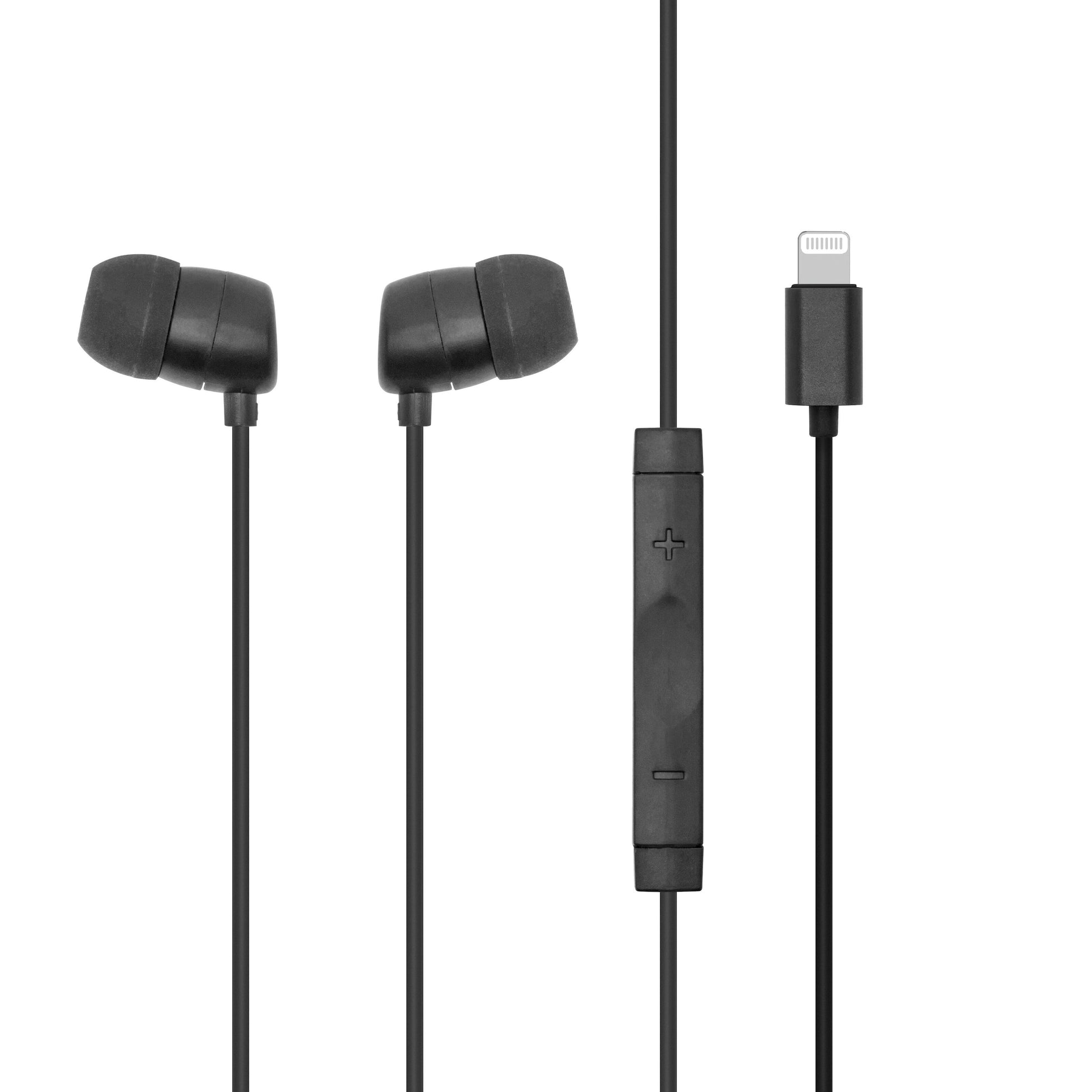Apple in-ear hovedtelefoner sort med silikonepropper, in-line fjernbetjening, plus/minus knapper og Lightning-stik.