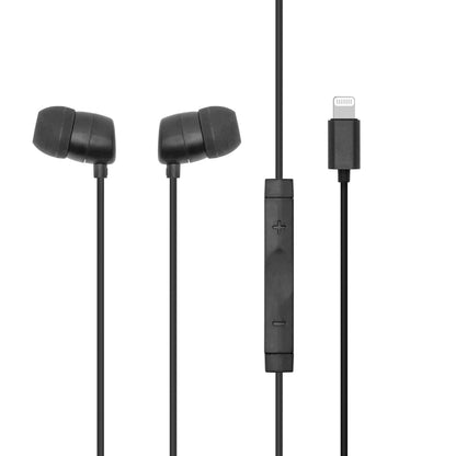Apple in-ear hovedtelefoner sort med silikonepropper, in-line fjernbetjening, plus/minus knapper og Lightning-stik.