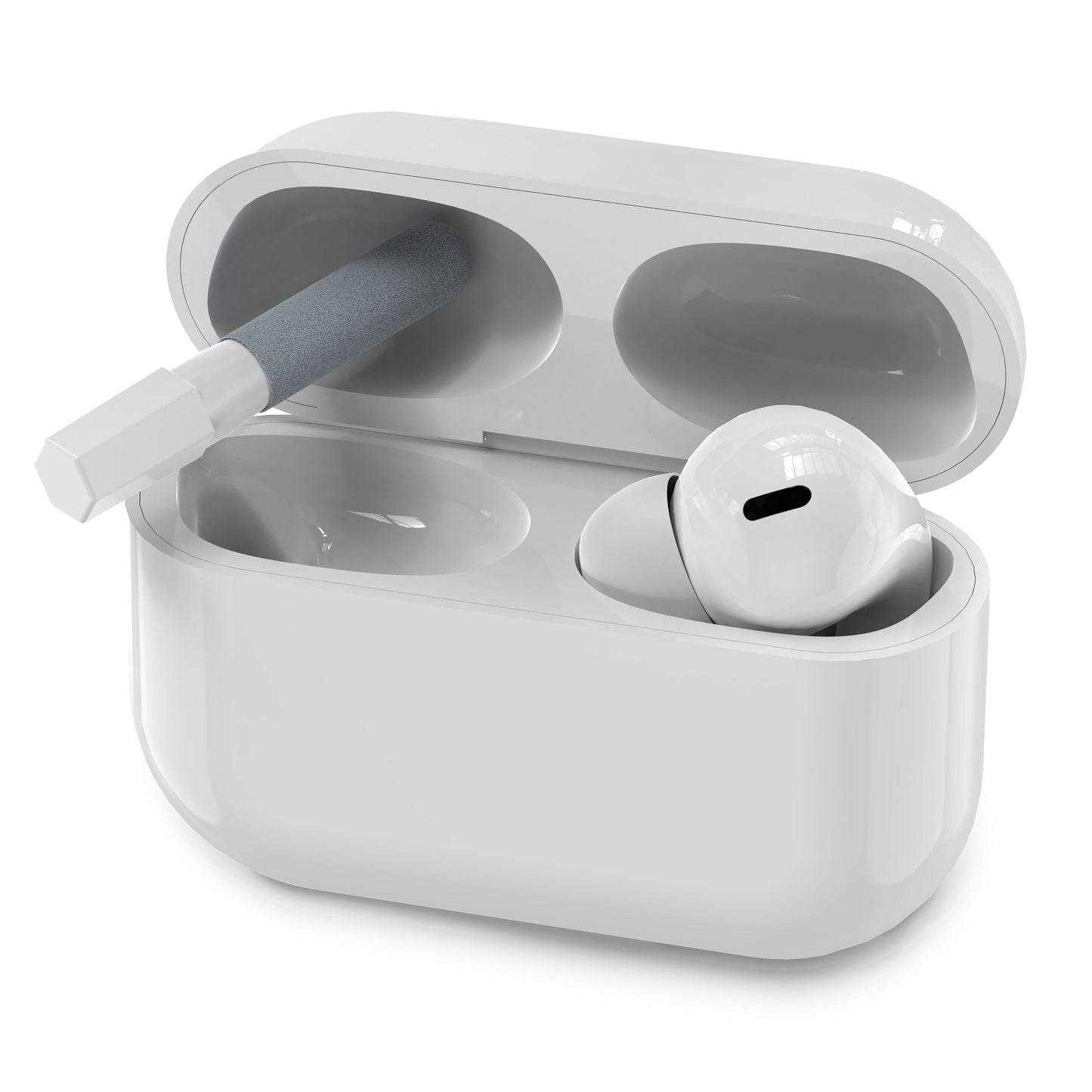 Hvid trådløs earbuds etui åbent med én øreprop og en lille børste fra 20-i-1 rengøringskit i separat rum.
