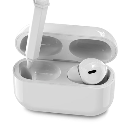 Hvid trådløs earbud-opladningsetui åben med én earbud i, rengøres med 20-i-1 rengøringskit.