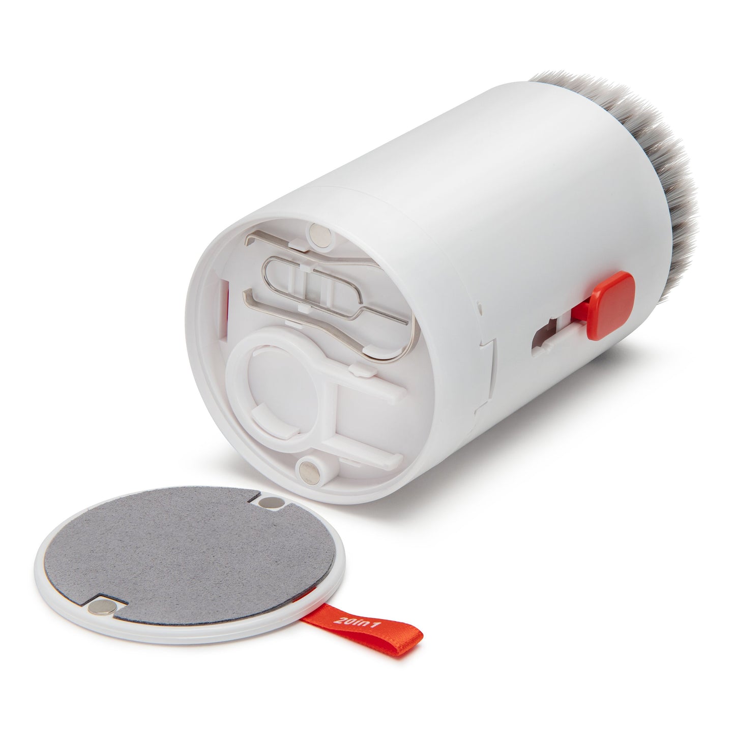 Luxorparts 20-i-1 elektrisk fnugfjerner, hvid cylinder, gråt rundt opsamlingskammer ved siden af med rød "PULL"-tab.