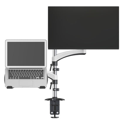 Kombineret bordbeslag til bærbar computer og skærm 13-32", holder lukket laptop venstre og stor skærm højre.