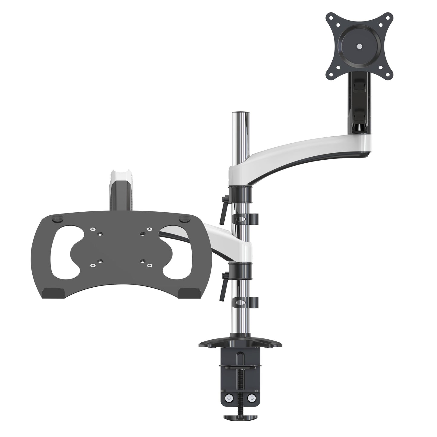 Plexgear kombineret bordbeslag til laptop og skærm 13-32", to arme, clamp-base.
