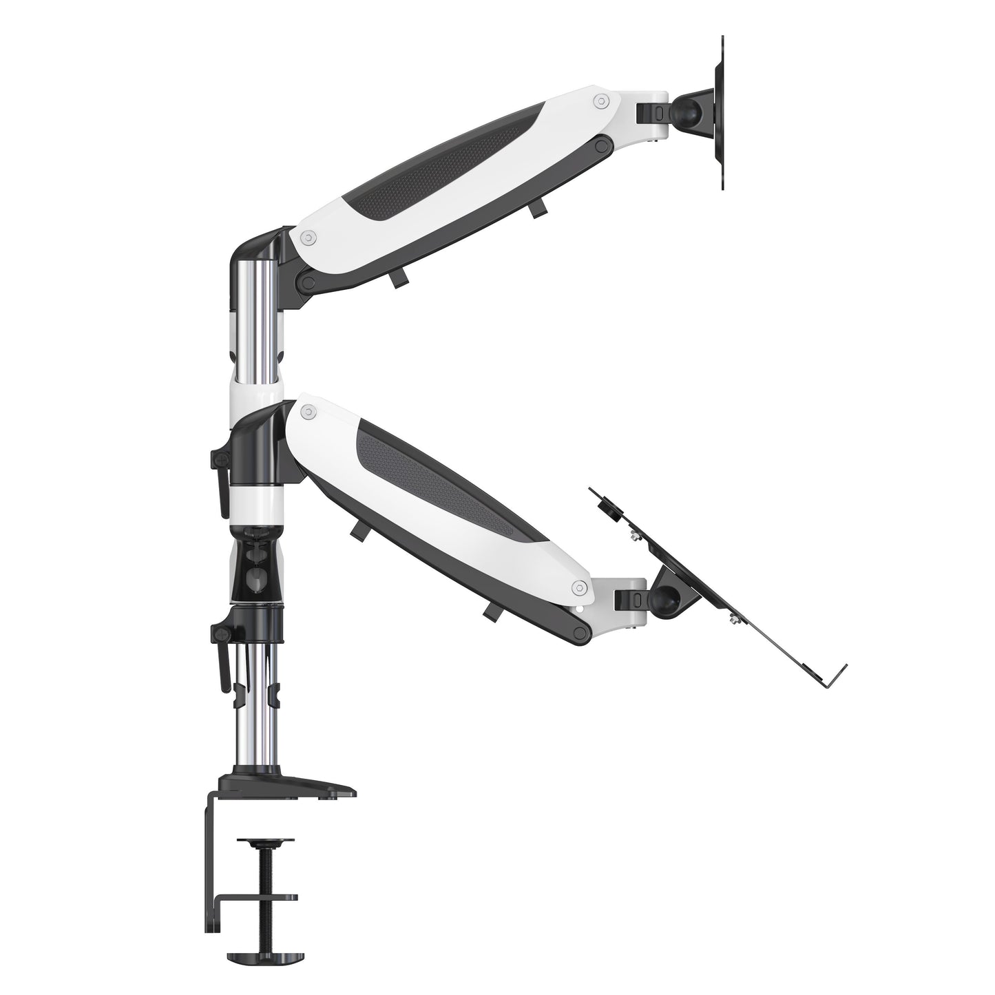 Plexgear Kombineret bordbeslag, sort/hvid dobbelt arm til 13-32" skærme eller bærbar, meshdetaljer, sidevinkel.