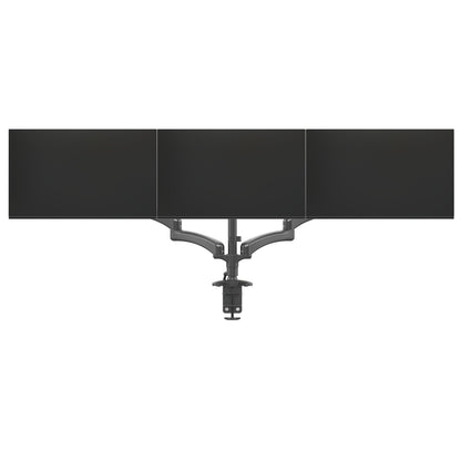 Bordbeslag med 3 arme til skærme 13-32", sorte fladskærme side om side på justerbar metalarm med VESA-beslag, set bagfra.