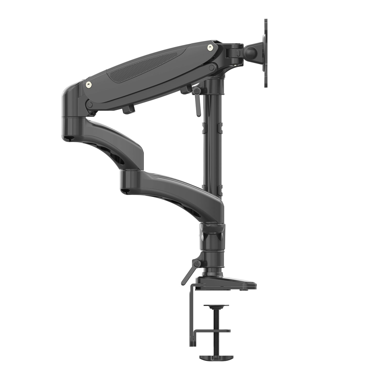 Plexgear bordbeslag med 3 arme til 13-32" skærme, sideview, fastgjort på bordkant, justerbare led, VESA-monteringsplade.