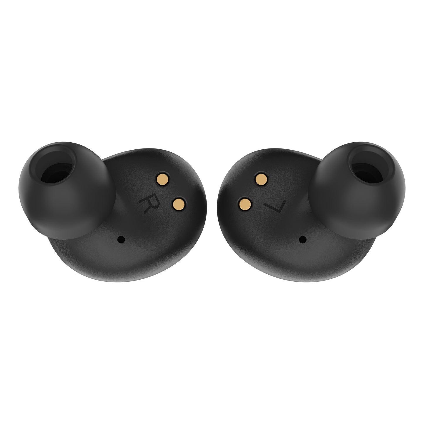Linocell TWS trådløse øretelefoner sort, Bluetooth 5.1, gyldne ladepunkter, R/L-mærker og silikonepropper forfra.