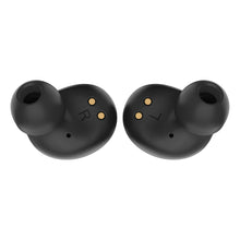 Linocell TWS trådløse øretelefoner sort, Bluetooth 5.1, gyldne ladepunkter, R/L-mærker og silikonepropper forfra.