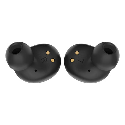 Linocell TWS trådløse øretelefoner sort, Bluetooth 5.1, gyldne ladepunkter, R/L-mærker og silikonepropper forfra.