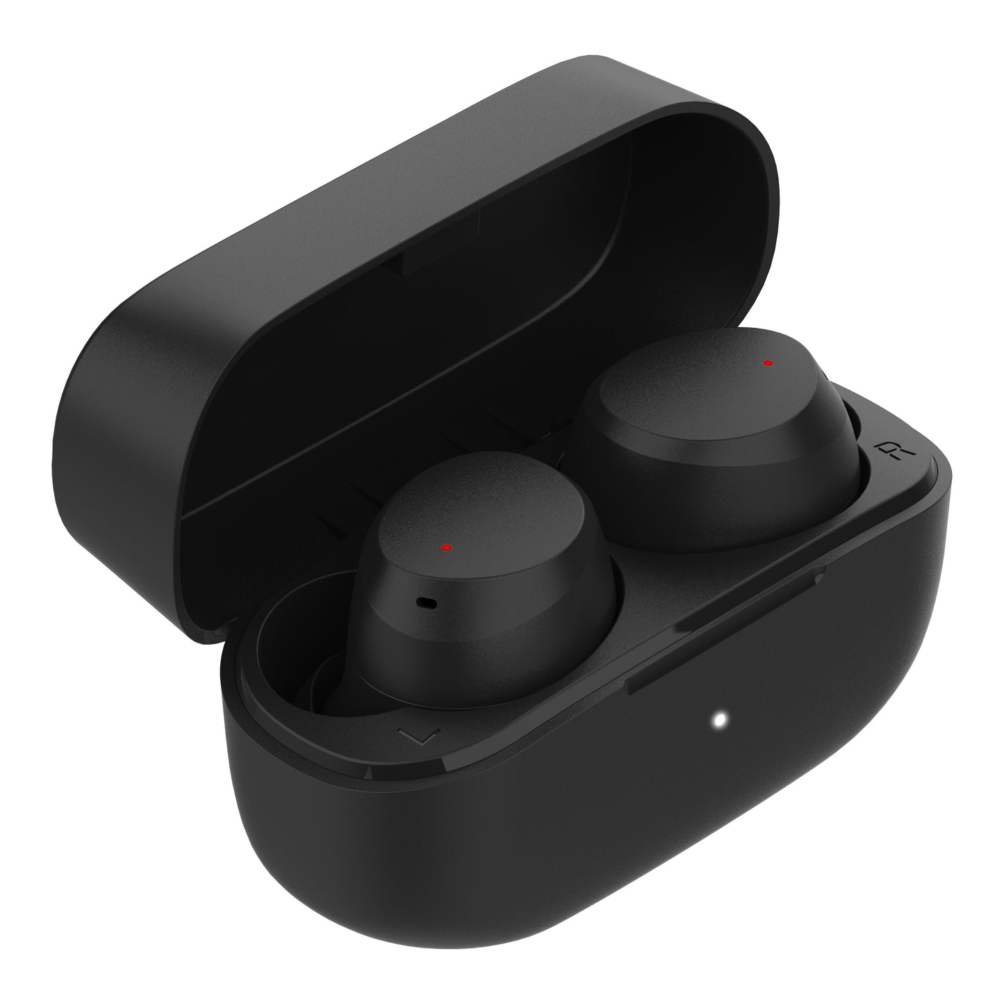 Linocell TWS trådløse øretelefoner, sort med røde indikatorlys i åben sort ladeetui, front-LED, Bluetooth 5.1.