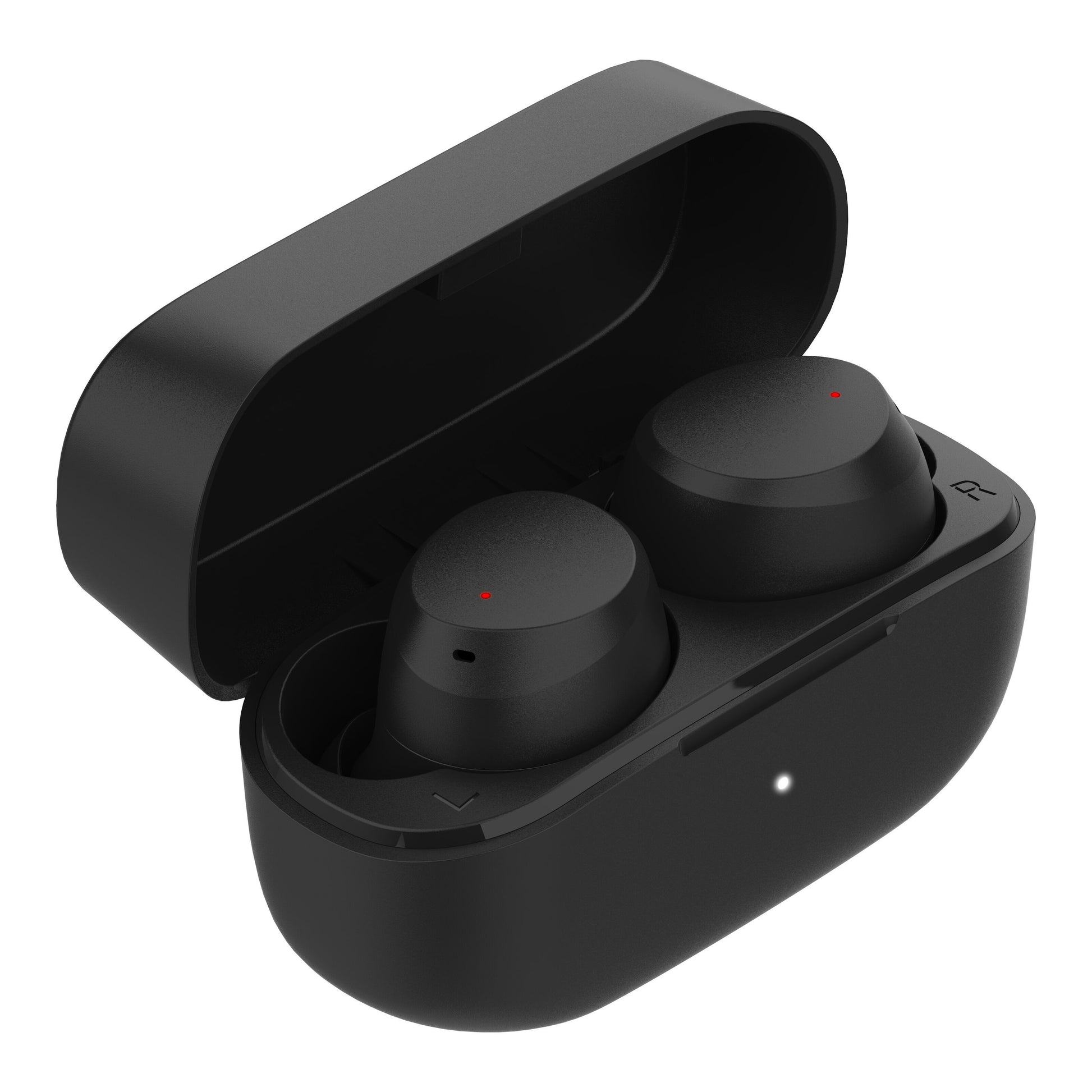 Linocell TWS trådløse øretelefoner, sort med røde indikatorlys i åben sort ladeetui, front-LED, Bluetooth 5.1.