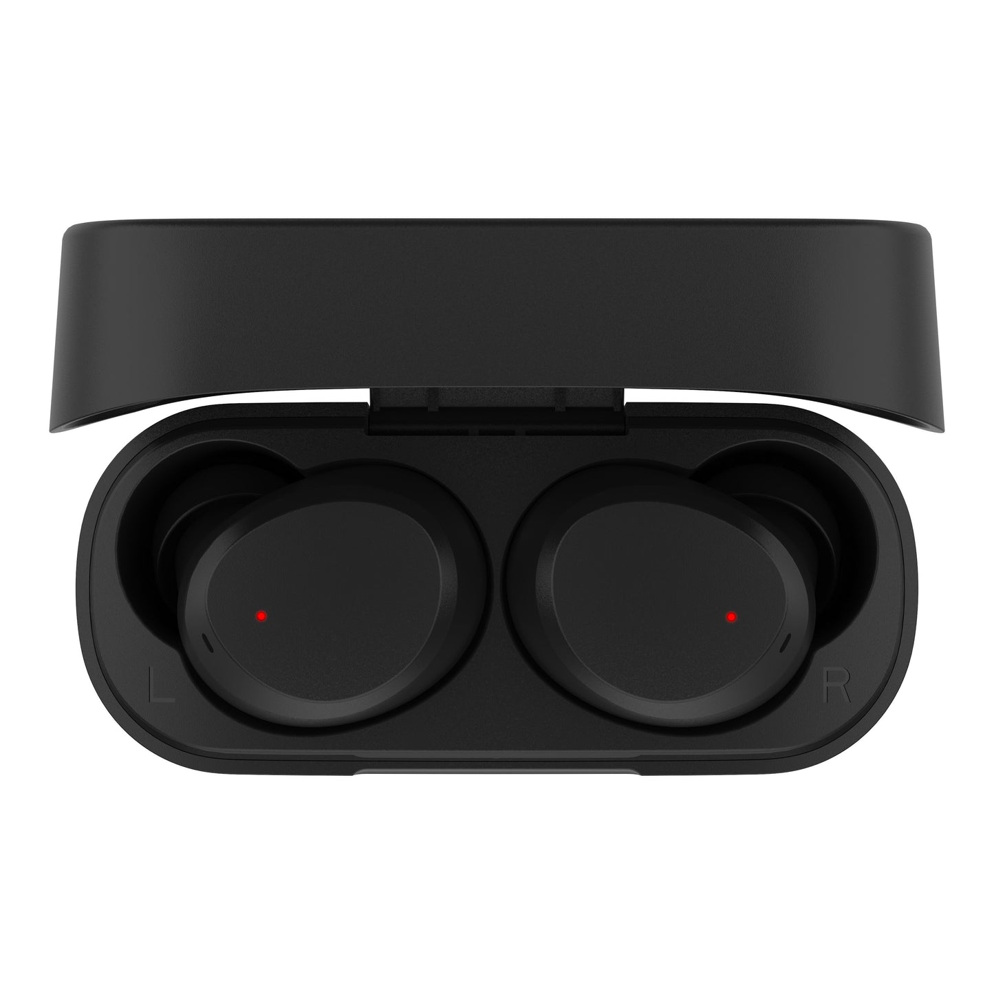 Linocell TWS trådløse øretelefoner i åben opladningetui set oppefra med Bluetooth 5.1 og rødt LED-lys på L og R earbuds.